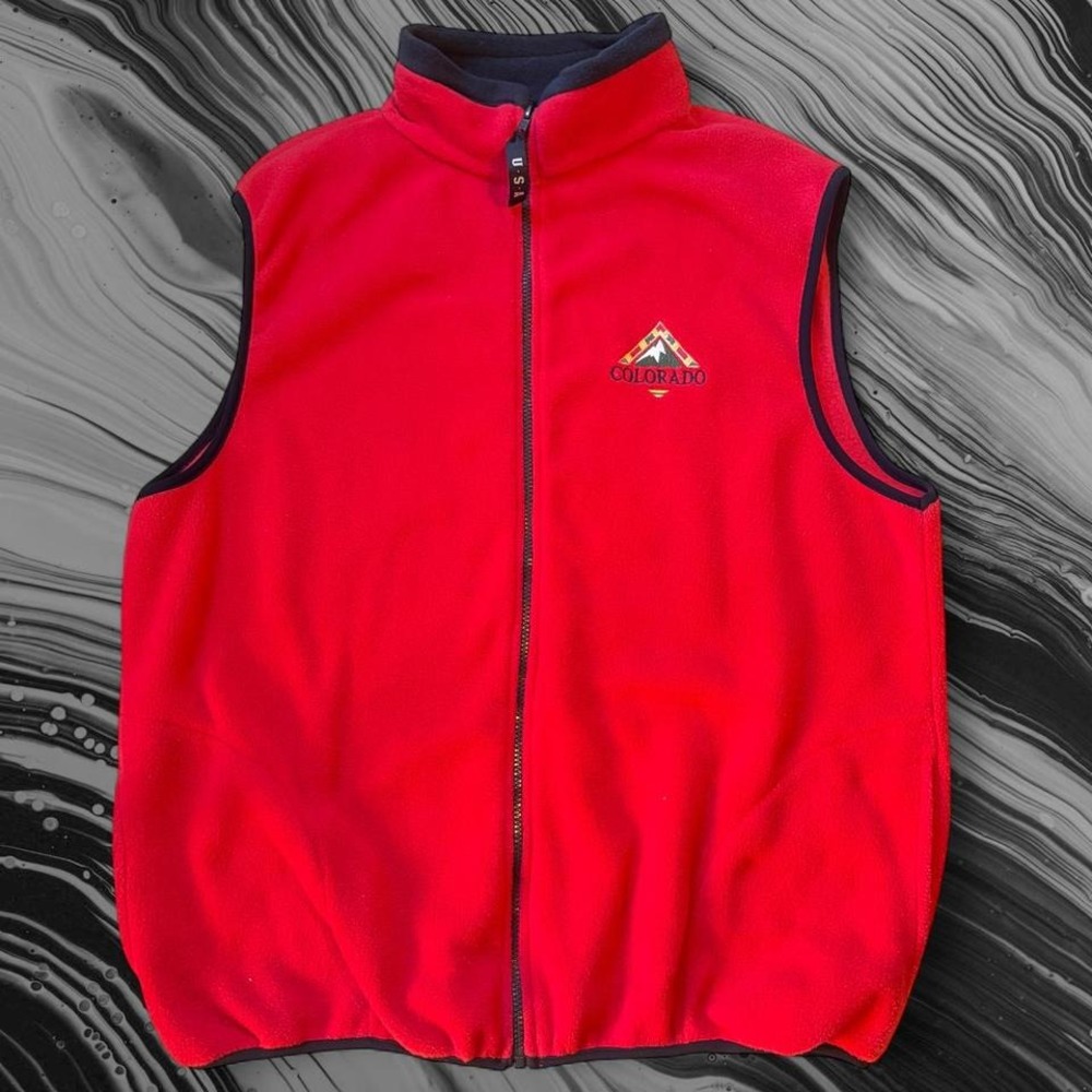 Vtg Colorado Vest Men's Red Fleece Embroidered Full Zip Stand Collar 90s 00s XL